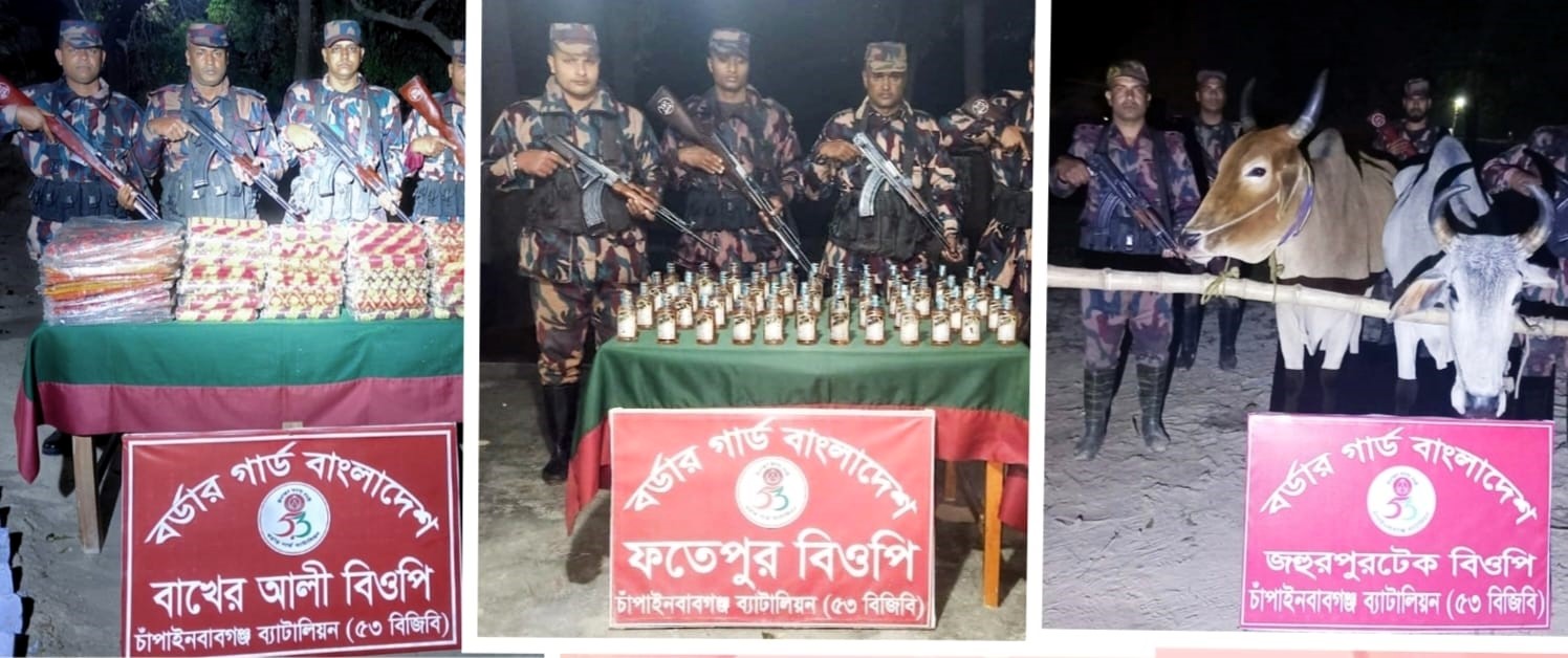 সীমান্তে ৫৩ বিজিবির পৃথক পৃথক অভিযানে ভারতীয় মদ, শাড়ী, চাদর ও ২টি গরু জব্দ